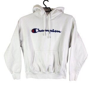 Mens Champion White Pullover Hoodie Drawstring Reverse Weave Cotton Blend Size L